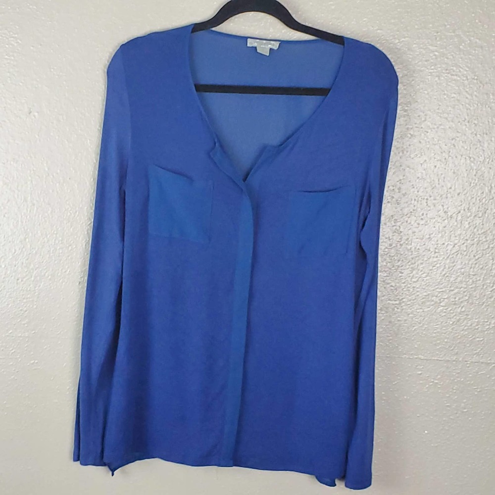 ISSI Dark Blue Henley Long Sleeve Sheer Back Casual Blouse M